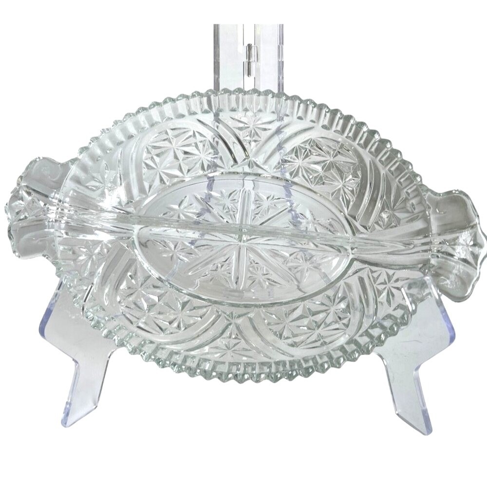 Vintage APEG Clear Pressed Glass Divided Relish Dish With Handles 10" GrannyCore